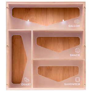 KMC Bamboo Ziplock Bag Organizer for Drawer,Acrylic Ziplock Bag Storage Organizer, Kitchen Storage Organizer, 4 Slots in 1 Box, compatible with Gallon, Quart, Snack and Sandwich(Frosted)