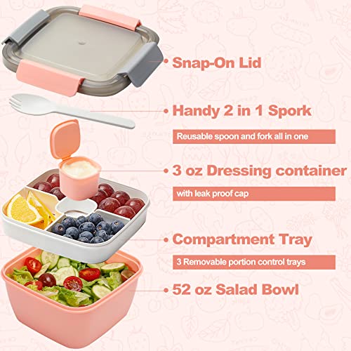 2 Pack Salad Lunch Container To Go,Large BPA-Free Salad Container,52 Oz Salad Bowl,3 Compartment Tray with Dressing Container,Leak Proof Salad Lunch Box Bento Box with Smart Lock for Lunch Food Snack…