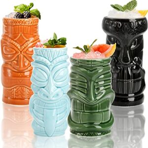 Peohud 4 Pack Ceramic Tiki Mugs, Hawaiian Party Mugs, 20/18/16 Oz Exotic Cocktail Glasses, Tiki Drinking Tumbler Cups for Mai Tai, Pina Colada, Tiki Bar Professional Barware