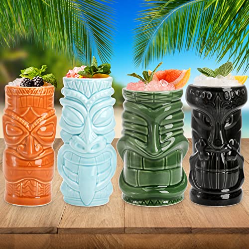 Peohud 4 Pack Ceramic Tiki Mugs, Hawaiian Party Mugs, 20/18/16 Oz Exotic Cocktail Glasses, Tiki Drinking Tumbler Cups for Mai Tai, Pina Colada, Tiki Bar Professional Barware