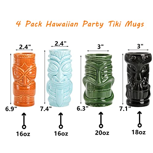 Peohud 4 Pack Ceramic Tiki Mugs, Hawaiian Party Mugs, 20/18/16 Oz Exotic Cocktail Glasses, Tiki Drinking Tumbler Cups for Mai Tai, Pina Colada, Tiki Bar Professional Barware