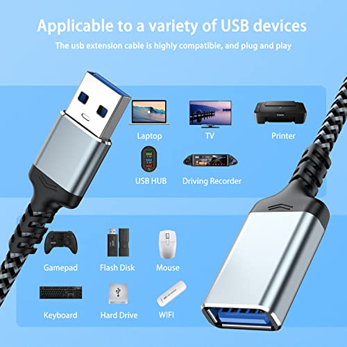 DteeDck USB 3.0 Extension Cable 6.6ft, USB A Extension Cord Braided Extender, USB to USB Extender Cable Male to Female 5Gbps Fast Data Transfer for USB Keyboard Mouse Flash Drive Hard Drive