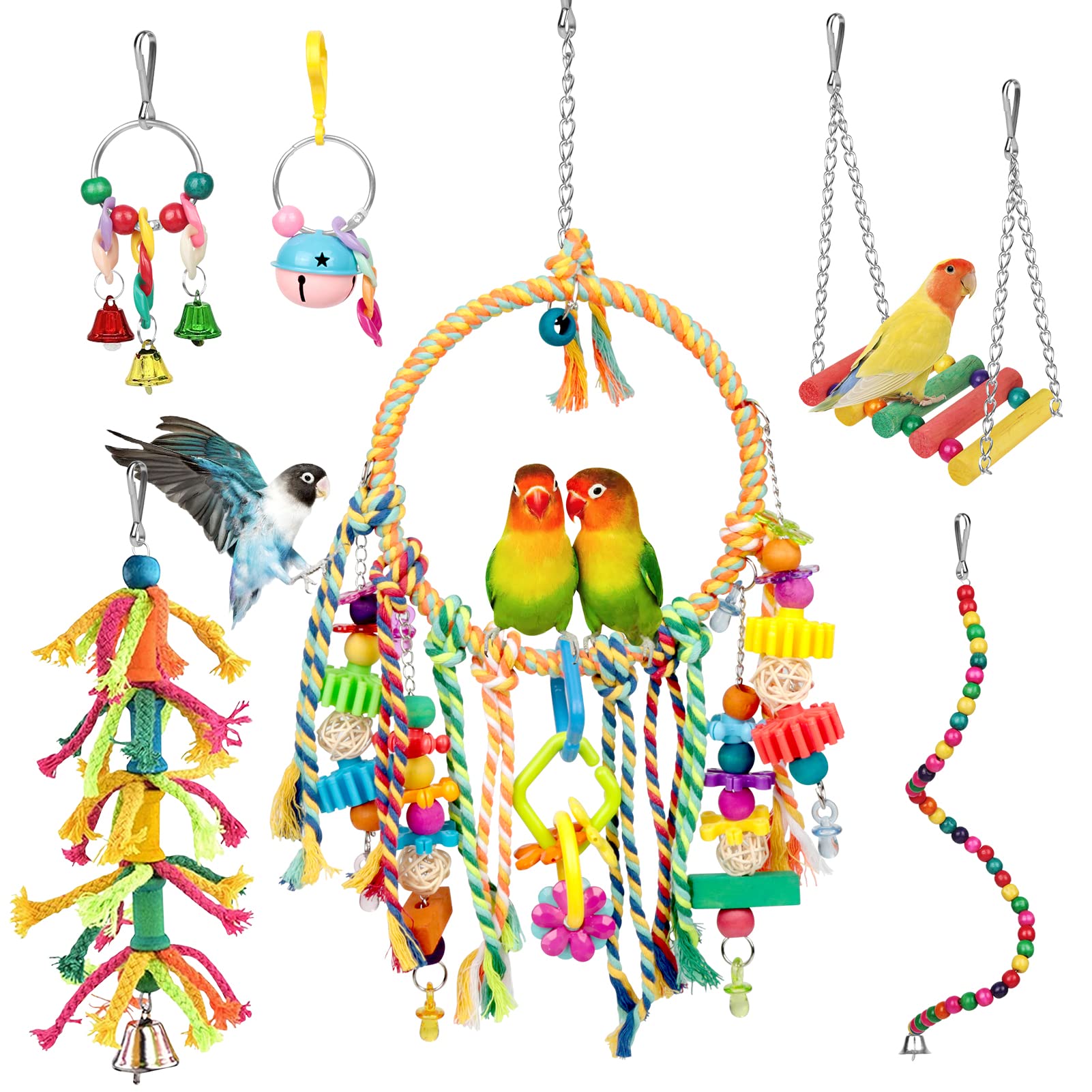 Bonjin Bird Parakeet Toys, Bird Swing Toy Bird Perch Colorful Chewing Toys, with Bells Hanging Toy Climbing Ladder Suitable for Budgerigar, Parakeet, Conure, Cockatiel, Mynah, Love Birds, Finches