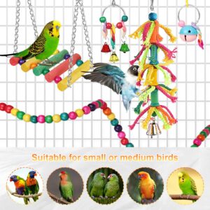 Bonjin Bird Parakeet Toys, Bird Swing Toy Bird Perch Colorful Chewing Toys, with Bells Hanging Toy Climbing Ladder Suitable for Budgerigar, Parakeet, Conure, Cockatiel, Mynah, Love Birds, Finches