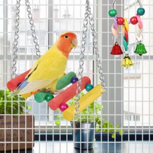 Bonjin Bird Parakeet Toys, Bird Swing Toy Bird Perch Colorful Chewing Toys, with Bells Hanging Toy Climbing Ladder Suitable for Budgerigar, Parakeet, Conure, Cockatiel, Mynah, Love Birds, Finches