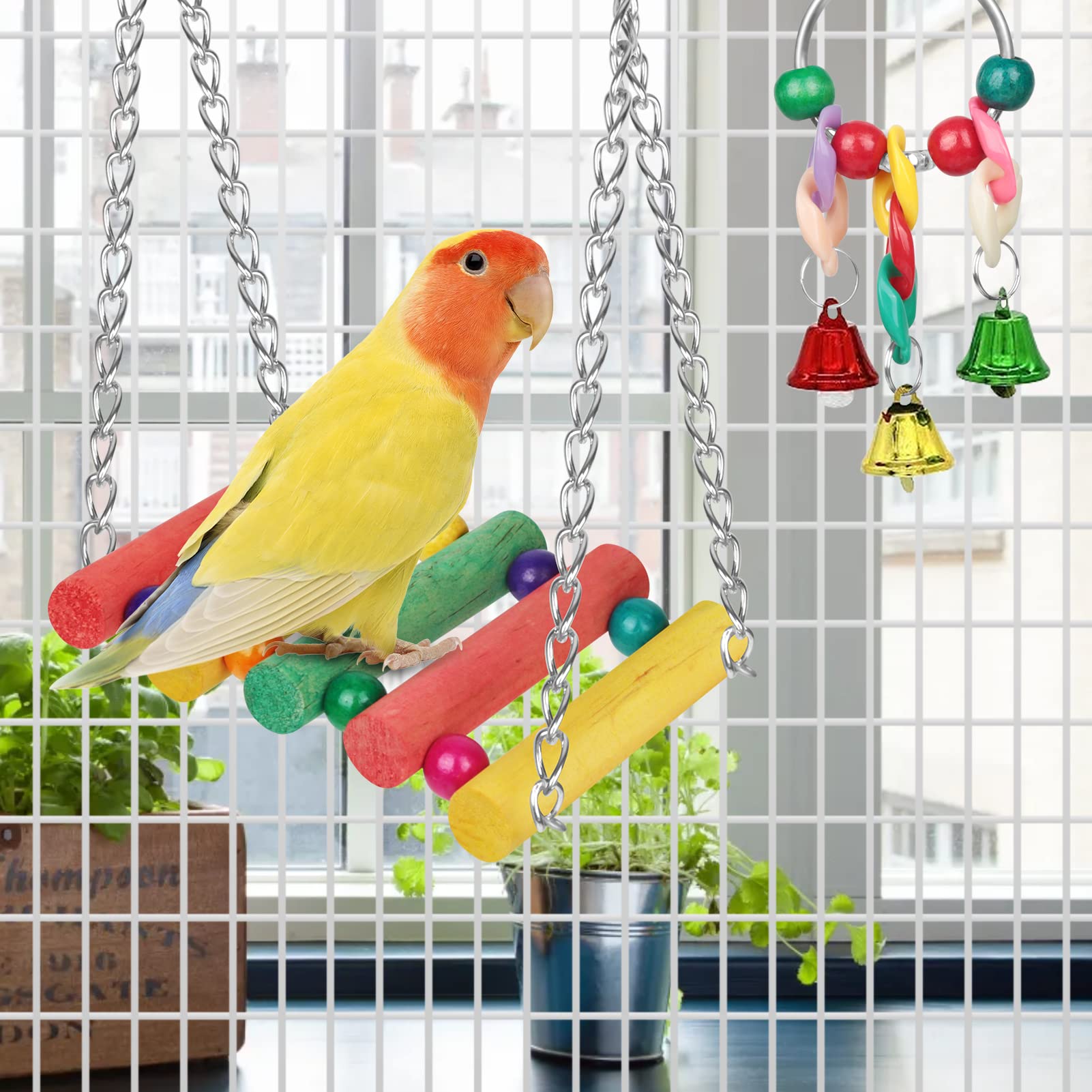 Bonjin Bird Parakeet Toys, Bird Swing Toy Bird Perch Colorful Chewing Toys, with Bells Hanging Toy Climbing Ladder Suitable for Budgerigar, Parakeet, Conure, Cockatiel, Mynah, Love Birds, Finches