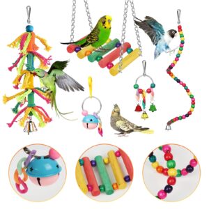 Bonjin Bird Parakeet Toys, Bird Swing Toy Bird Perch Colorful Chewing Toys, with Bells Hanging Toy Climbing Ladder Suitable for Budgerigar, Parakeet, Conure, Cockatiel, Mynah, Love Birds, Finches