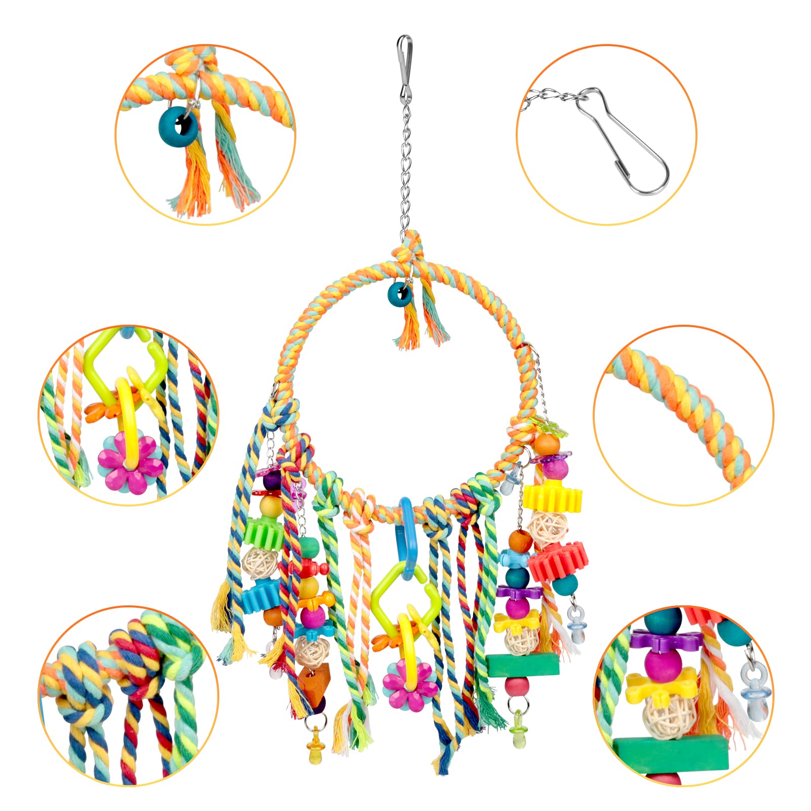 Bonjin Bird Parakeet Toys, Bird Swing Toy Bird Perch Colorful Chewing Toys, with Bells Hanging Toy Climbing Ladder Suitable for Budgerigar, Parakeet, Conure, Cockatiel, Mynah, Love Birds, Finches