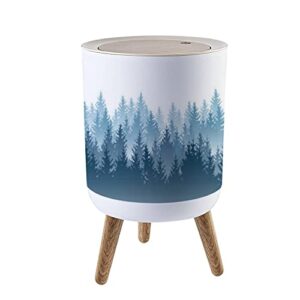 small trash can with lid for bathroom kitchen office diaper misty forest landscape detailed blue silhouettes coniferous trees bedroom garbage trash bin dog proof waste basket cute decorative