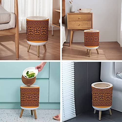 Small Trash Can with Lid for Bathroom Kitchen Office Diaper Greek key seamless design brown inspired by ancient Greece pottery art Bedroom Garbage Trash Bin Dog Proof Waste Basket Cute Decorative