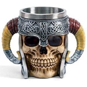chicvita stainless steel viking mug, skull coffee mug, double handles viking beer cup, cool tea cups for men, dad coffee mug gift, 6.8 x 5 x 3.1 inches