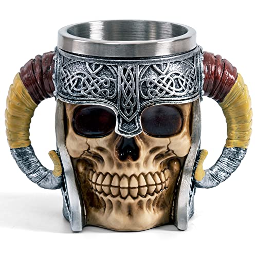 CHICVITA Stainless Steel Viking Mug, Skull Coffee Mug, Double Handles Viking Beer Cup, Cool Tea Cups For Men, Dad Coffee Mug Gift, 6.8 x 5 x 3.1 inches