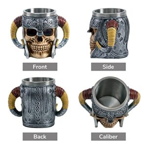 CHICVITA Stainless Steel Viking Mug, Skull Coffee Mug, Double Handles Viking Beer Cup, Cool Tea Cups For Men, Dad Coffee Mug Gift, 6.8 x 5 x 3.1 inches