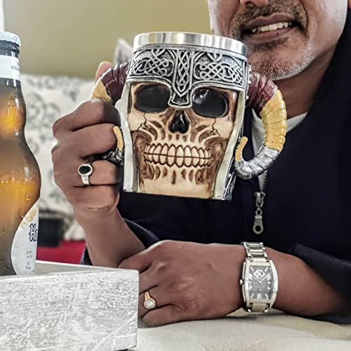 CHICVITA Stainless Steel Viking Mug, Skull Coffee Mug, Double Handles Viking Beer Cup, Cool Tea Cups For Men, Dad Coffee Mug Gift, 6.8 x 5 x 3.1 inches