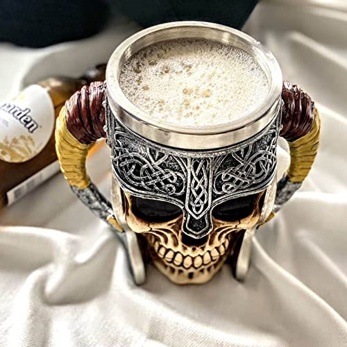 CHICVITA Stainless Steel Viking Mug, Skull Coffee Mug, Double Handles Viking Beer Cup, Cool Tea Cups For Men, Dad Coffee Mug Gift, 6.8 x 5 x 3.1 inches