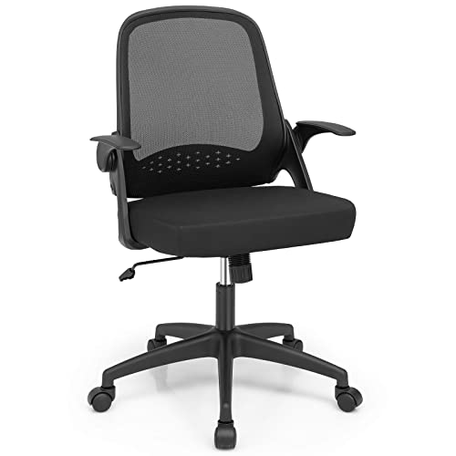 COSTWAY Mesh Office Chair, Adjustable Swivel Executive Chair with Flip-up Armrest, Lumbar Support and Rocking Backrest, Ergonomic Breathable Computer Desk Chair for Home Office (Black)