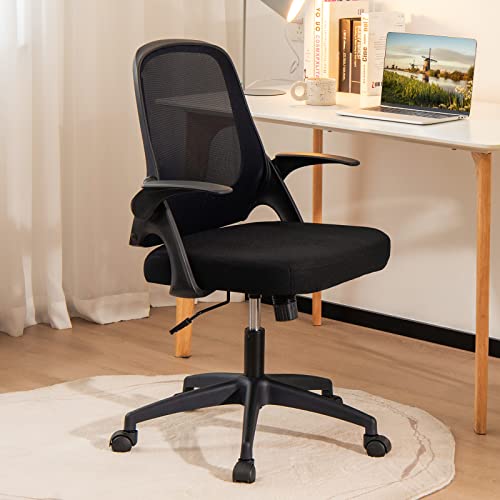 COSTWAY Mesh Office Chair, Adjustable Swivel Executive Chair with Flip-up Armrest, Lumbar Support and Rocking Backrest, Ergonomic Breathable Computer Desk Chair for Home Office (Black)