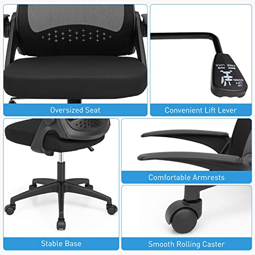 COSTWAY Mesh Office Chair, Adjustable Swivel Executive Chair with Flip-up Armrest, Lumbar Support and Rocking Backrest, Ergonomic Breathable Computer Desk Chair for Home Office (Black)