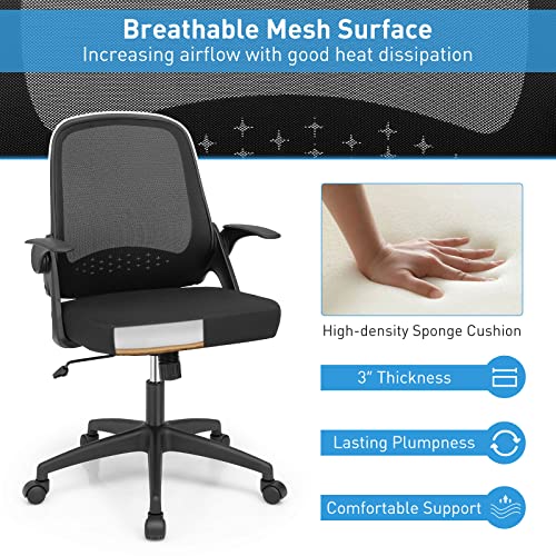 COSTWAY Mesh Office Chair, Adjustable Swivel Executive Chair with Flip-up Armrest, Lumbar Support and Rocking Backrest, Ergonomic Breathable Computer Desk Chair for Home Office (Black)