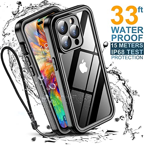 Temdan for iPhone 14 Pro Max Case Waterproof,Built-in 9H Tempered Glass Screen Protector [IP68 Underwater][14FT Military Dropproof][Dustproof][Real 360] Full Body Shockproof Phone Case-Black/Clear