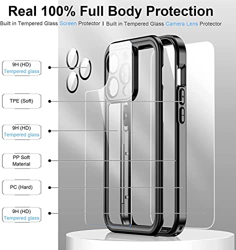 Temdan for iPhone 14 Pro Max Case Waterproof,Built-in 9H Tempered Glass Screen Protector [IP68 Underwater][14FT Military Dropproof][Dustproof][Real 360] Full Body Shockproof Phone Case-Black/Clear