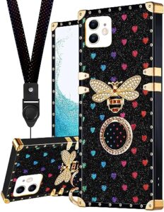 loheckle for iphone 11 case for women, designer square cases for iphone 11 with ring stand holder and lanyard, cute design luxury bees squared edges cover for iphone 11 6.1 inch