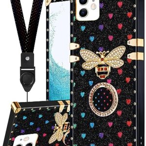 Loheckle for iPhone 11 Case for Women, Designer Square Cases for iPhone 11 with Ring Stand Holder and Lanyard, Cute Design Luxury Bees Squared Edges Cover for iPhone 11 6.1 Inch