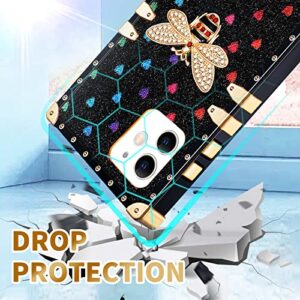 Loheckle for iPhone 11 Case for Women, Designer Square Cases for iPhone 11 with Ring Stand Holder and Lanyard, Cute Design Luxury Bees Squared Edges Cover for iPhone 11 6.1 Inch