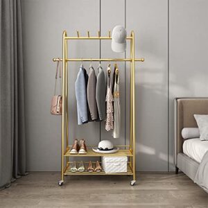 botaoyiyi clothes rack gold, freestanding coat rack modern rolling garment rack with wheels and bottom shelves, industrial heavy duty pipe clothing rack wardrobe closet for boutique display (39.4")