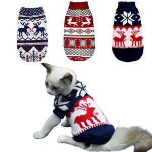 cooshou 3pcs christmas dog sweater costume xmas cat knitwear clothes navy blue white and christmas red sweaters with reindeers snowflakes pattern for kitten cat puppy dog xs