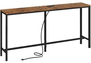 superjare console table with outlet, 63 inch sofa table with charging station, narrow entryway table, skinny hallway table, behind couch table, for living room, plants - rustic brown