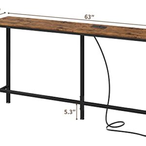 SUPERJARE Console Table with Outlet, 63 Inch Sofa Table with Charging Station, Narrow Entryway Table, Skinny Hallway Table, Behind Couch Table, for Living Room, Plants - Rustic Brown