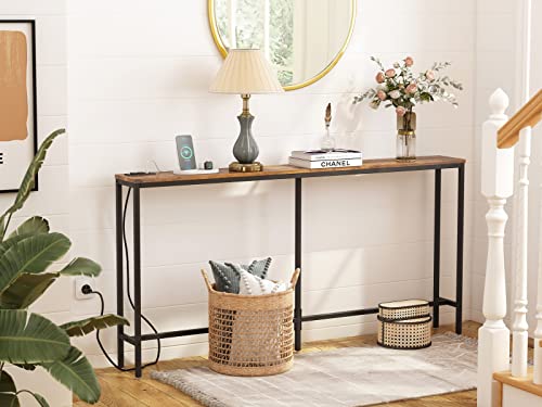 SUPERJARE Console Table with Outlet, 63 Inch Sofa Table with Charging Station, Narrow Entryway Table, Skinny Hallway Table, Behind Couch Table, for Living Room, Plants - Rustic Brown