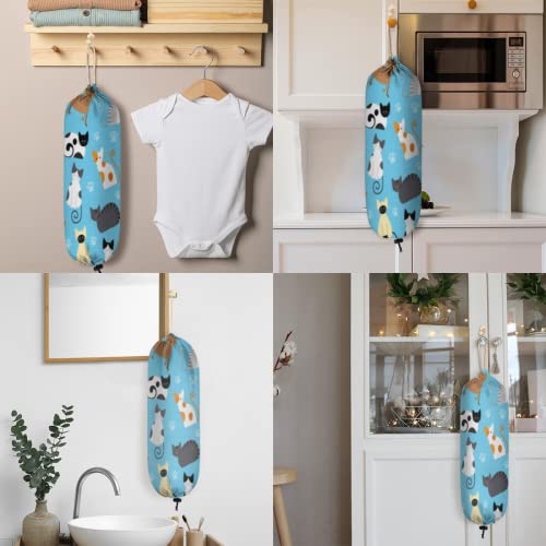 Cute Cat Set Plastic Bag Holder, Cat Pattern Wall Mount Plastic Bag Organizer with Drawstring Grocery Shopping Bags Storage Dispenser for Home Kitchen Farmhouse Decor, 22X9 Inch