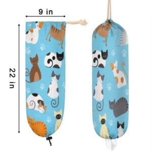 Cute Cat Set Plastic Bag Holder, Cat Pattern Wall Mount Plastic Bag Organizer with Drawstring Grocery Shopping Bags Storage Dispenser for Home Kitchen Farmhouse Decor, 22X9 Inch
