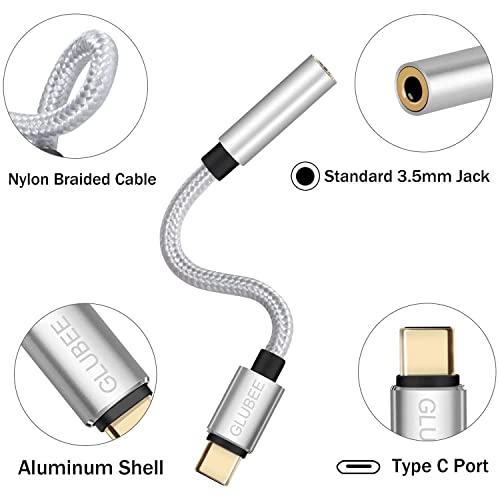 GLUBEE USB C to 3.5mm Audio Adapter 96 KHz Hi-Res Type C to 3.5mm  DAC of Type C to Aux Compatible with Galaxy X6/F13/S20 FE Pixel 6/5 Pad Pro/MacBook and More USB-C Devices (3 Pcs, Silver)