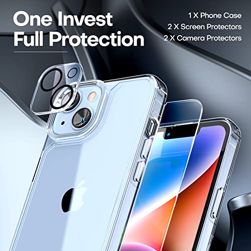 TAURI 5 in 1 Designed for iPhone 14 Case Clear, [Not Yellowing] with 2X Screen Protectors + 2X Camera Lens Protectors, [Military Grade Drop Protection] Shockproof Slim 14 Cover 6.1 Inch