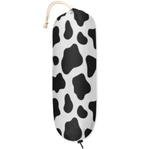 cow print plastic bag holder, animal cow print wall mount plastic bag organizer with drawstring grocery shopping bags storage dispenser for home kitchen farmhouse decor, 22x9 inch