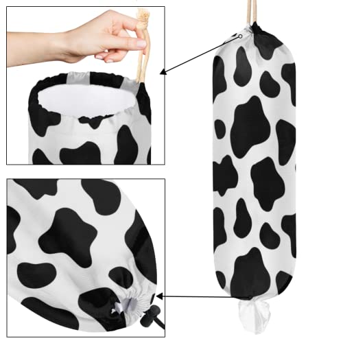 Cow Print Plastic Bag Holder, Animal Cow Print Wall Mount Plastic Bag Organizer with Drawstring Grocery Shopping Bags Storage Dispenser for Home Kitchen Farmhouse Decor, 22X9 Inch