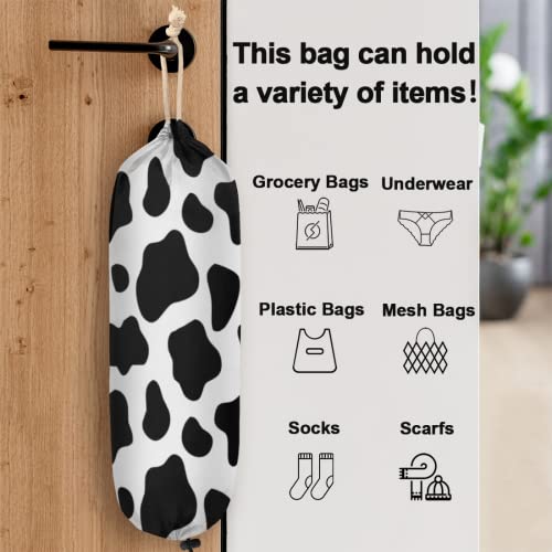 Cow Print Plastic Bag Holder, Animal Cow Print Wall Mount Plastic Bag Organizer with Drawstring Grocery Shopping Bags Storage Dispenser for Home Kitchen Farmhouse Decor, 22X9 Inch