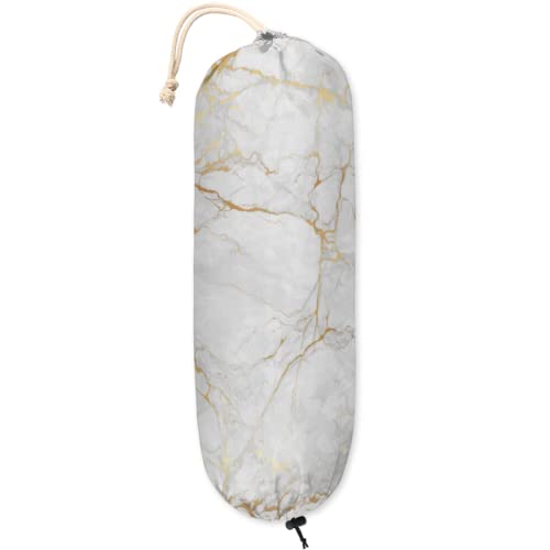 Marble Golden Plastic Bag Holder, Marble Texture Wall Mount Plastic Bag Organizer with Drawstring Grocery Shopping Bags Storage Dispenser for Home Kitchen Farmhouse Decor, 22X9 Inch