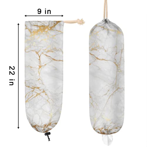 Marble Golden Plastic Bag Holder, Marble Texture Wall Mount Plastic Bag Organizer with Drawstring Grocery Shopping Bags Storage Dispenser for Home Kitchen Farmhouse Decor, 22X9 Inch