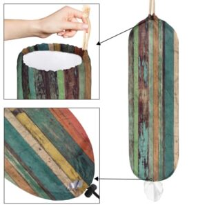 Wooden Pattern Plastic Bag Holder, Vintage Wood Wall Mount Plastic Bag Organizer with Drawstring Grocery Shopping Bags Storage Dispenser for Home Kitchen Farmhouse Decor, 22X9 Inch