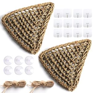 13 x 13 inches reptile triangle hammock set of 2, lizard lounger, 100% natural seagrass fibers with hemp 2 rope, 12 hooks, 8 suckers for anoles, bearded dragons, geckos, iguanas, and hermit crabs