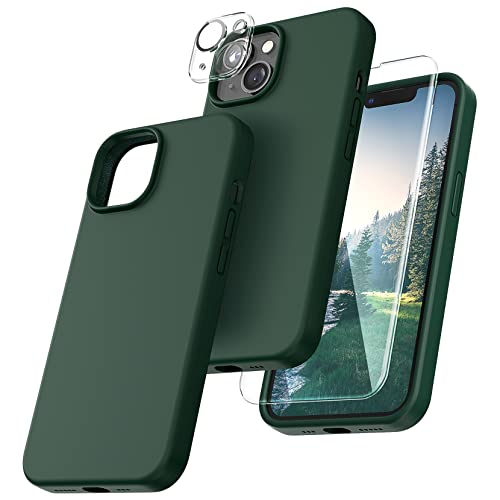 TOCOL 5 in 1 for iPhone 14 Plus Case, with 2X Screen Protector + 2X Camera Lens Protector, Liquid Silicone Phone Case for iPhone 14 Plus, Alpine Green