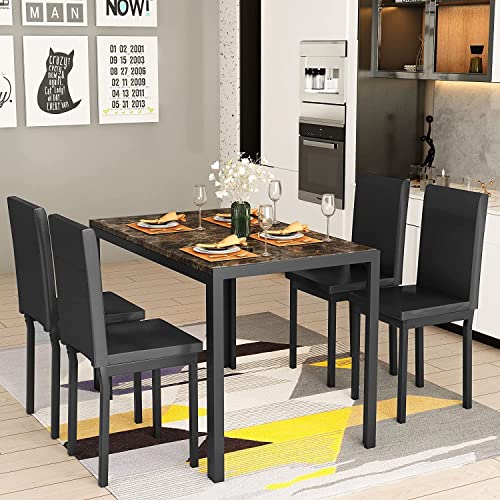 tantohom 5 Piece Faux Marble Dining Table Set- Space Saving Kitchen Table and Chairs for 4, Modern Style Table Set with 4 Leather Chairs and Perfect for Dining Room, Kitchen, Breakfast Corner