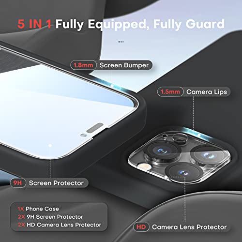 TOCOL 5-in-1 iPhone 14 Pro Max Case: Slim Liquid Silicone, 2 Screen & Camera Protectors, Anti-Scratch, Drop Protection, Black