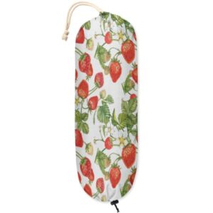 strawberry leaves plastic bag holder, strawberry flowers wall mount plastic bag organizer with drawstring grocery shopping bags storage dispenser for home kitchen farmhouse decor, 22x9 inch