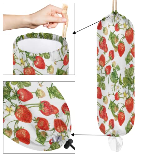 Strawberry Leaves Plastic Bag Holder, Strawberry Flowers Wall Mount Plastic Bag Organizer with Drawstring Grocery Shopping Bags Storage Dispenser for Home Kitchen Farmhouse Decor, 22X9 Inch