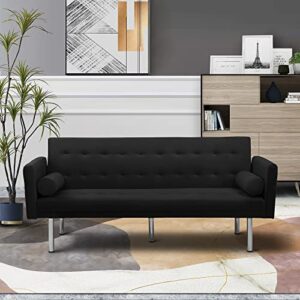 velvet futon sofa bed with 5 golden metal legs, sleeper sofa couch with two pillows, convertible loveseat for living room and bedroom (black)